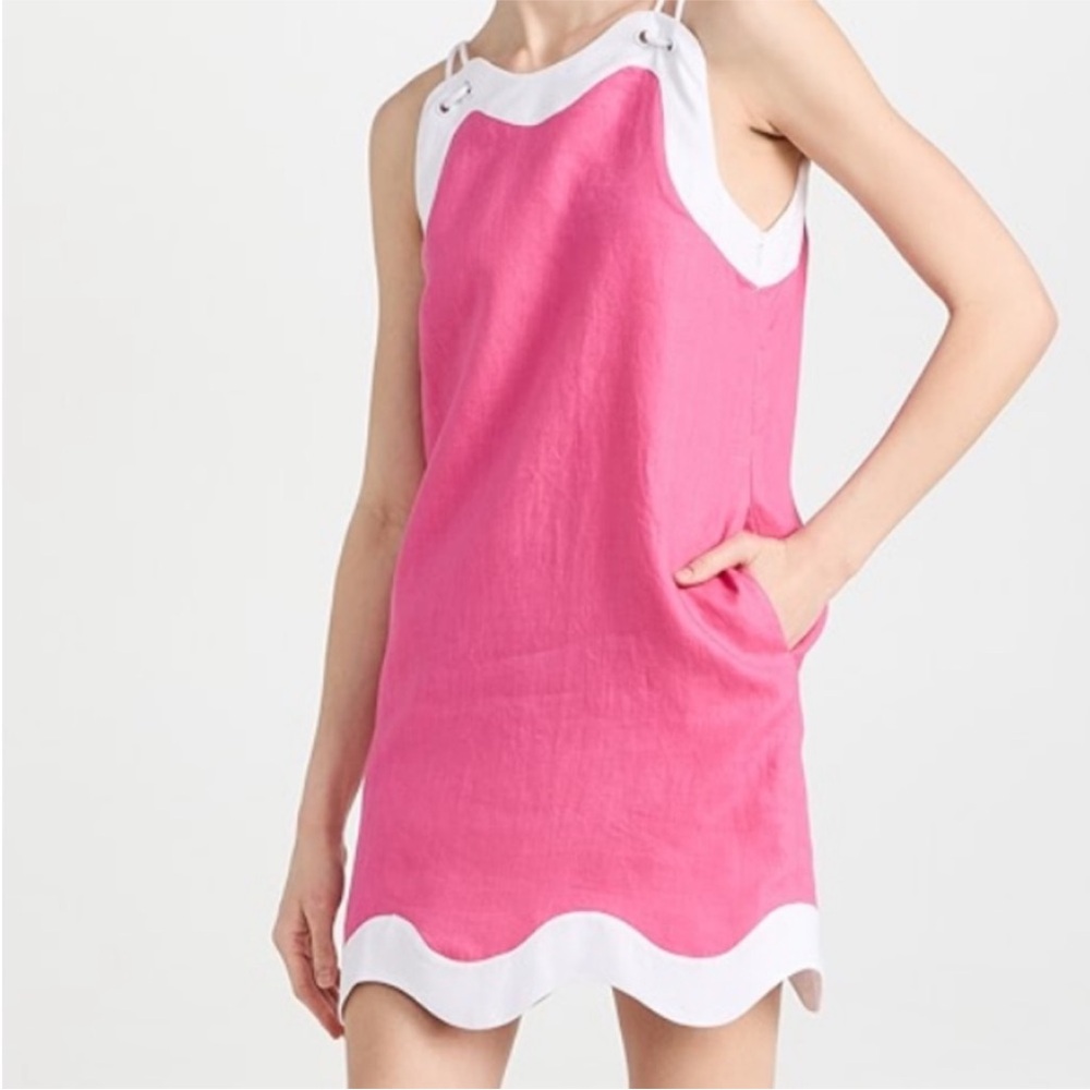 STAUD Renata Linen Pink and White Scalloped Mini Dress
